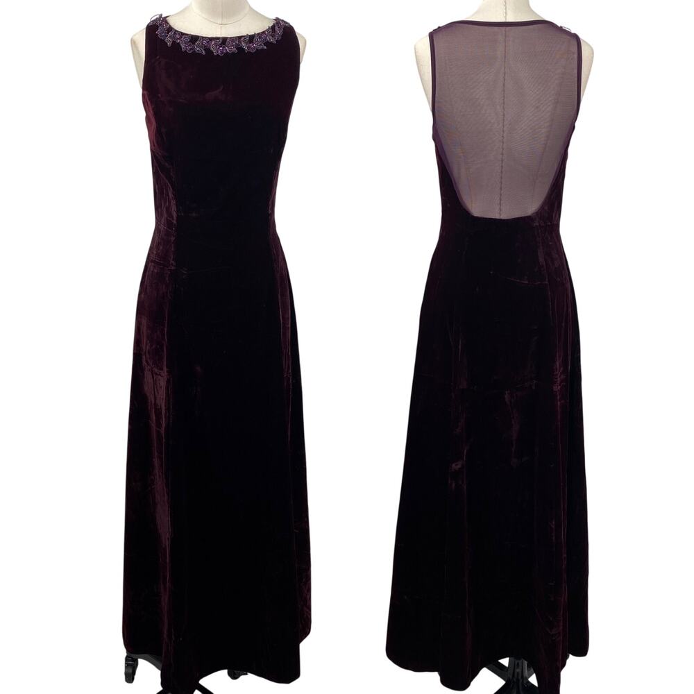 Vintage 90s Scott Mcclintock Beaded Velvet Gown Sheer Low Back Purple 6